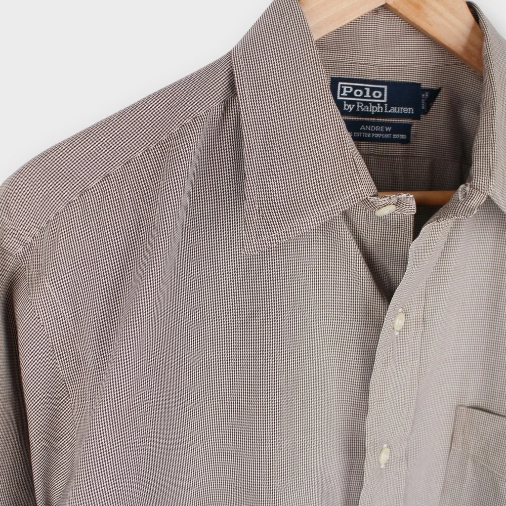 Polo Ralph Lauren Andrew Dress‎ Shirt Men's 16.5 32/33 Brown Micro Check Oxford
